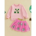 thumbnail image 4 of Toddler Baby Girl St.Patrick's Day Outfit Letter Embroidery Long Sleeve Sweatshirt Sequined Clover Mesh Tulle Skirt 2Pcs Clothes Set, 4 of 8