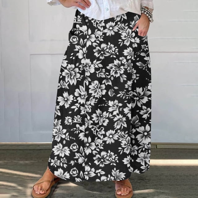 FcBaudy Jupe Mi-Mollet, Robes pour Femmes, Robes d'Été pour Femmes Jupe Plissée à Taille Élastique Imprimée avec Poche Mi-Mollet Robe pour Femmes
