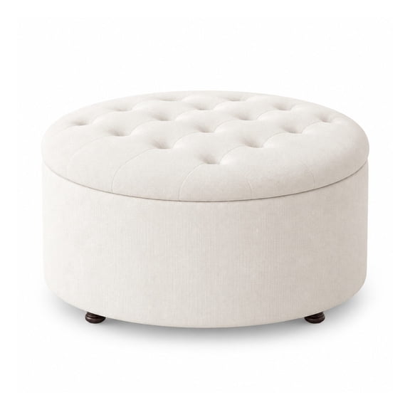 30 Inch Round Tufted Upholstered Large Storage Ottoman with Removable Top, Circular Coffee Table and Footrest Stool for Living Room Bedroom, White