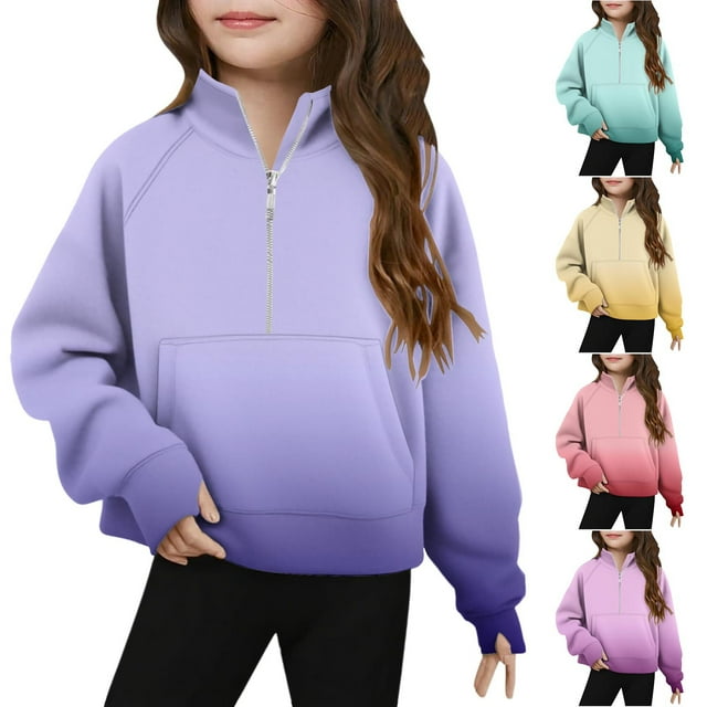 MKOSPLRT Girls Sweatshirts Half Zip Crop Pullover Tops Long Sleeve Raglan Sweat Shirts Causal Gradient T Shirts 5-14Y with Thumb Holes
