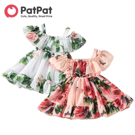 

PatPat Baby Girl Allover Floral Print Ruffled Cold Shoulder Flowy Chiffon Dress