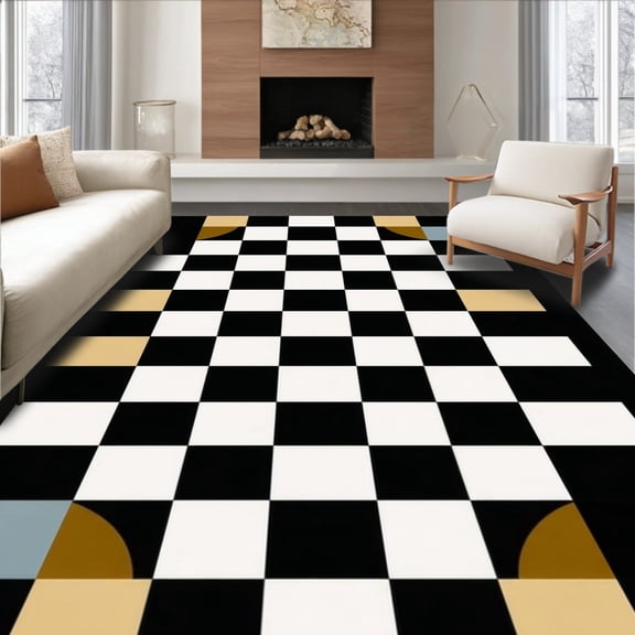 ODIKA 4'x6' Machine Washable Non-Slip Area Rug, Chic Graphic Black and Motif High Traffic Rug, Black, 6007