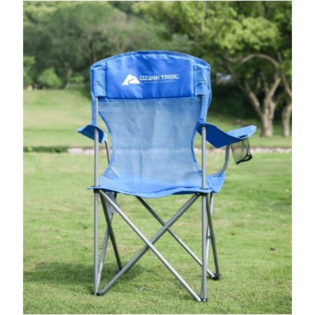 Ozark Trail Basic Mesh Folding Camp Chair with Cup Holder for Outdoor, Blue, Adult