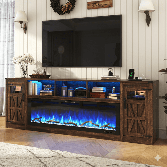ChVans 95" Farmhouse Fireplace TV Stand for 90/100"TV with 60'' Electric Fireplace, LED Large Entertainment Center with Lights & Power Outlets & 2 Barn Doors Storage Cabinet for Living Room, Brown
