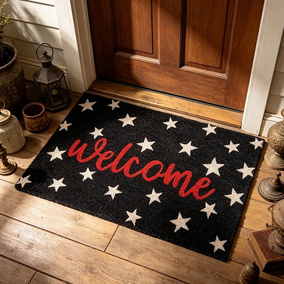 TTJ Patriotic Star Welcome Doormat Non-Slip Outdoor Front Door Rug Weather-Resistant Polyester Entryway Welcome Mat Red White Blue 4th of July Porch Rug Holiday Home Decor Independence Day