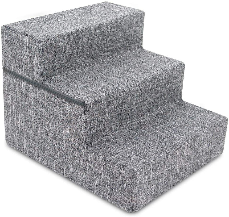 Best Pet Supplies Foldable Foam Pet Steps for Small Dogs and Cats, Portable Ramp Stairs for Couch, Sofa, and High Bed Climbing, Non-Slip Balanced Indoor Step Support, Paw Safe - Ash Gray Linen,3-Step