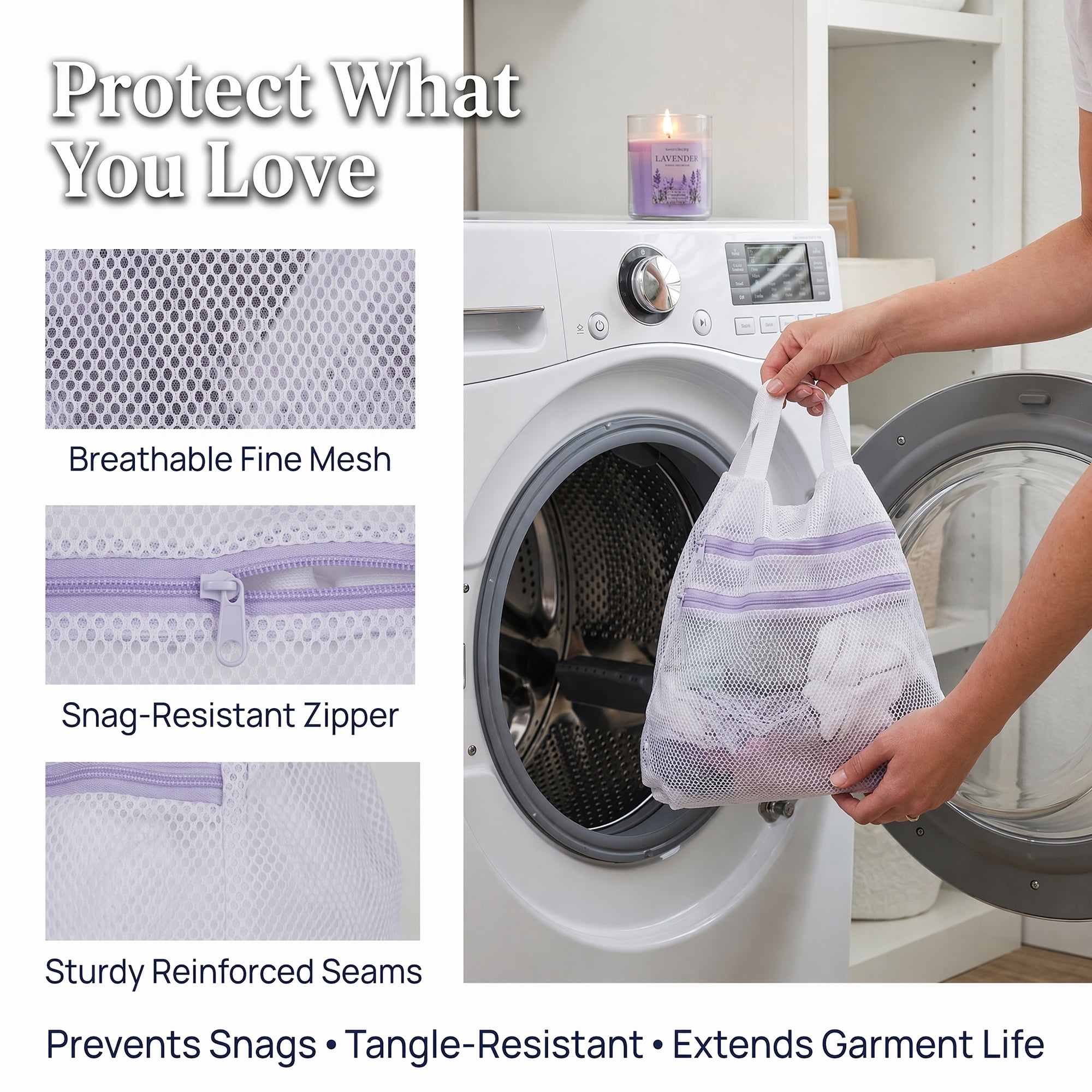 Unique Bargains 2 Pcs Mesh Laundry Bags, Durable Zipper Closure White-Purple 11.8"x11.8"