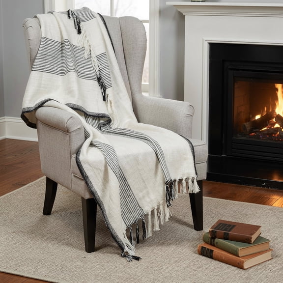 50" X 60" Black And Ivory Cotton Woven Striped Throw Blanket with Fringe