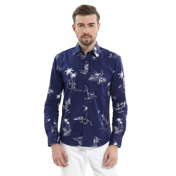 Hawaii Hangover Men's Hawaiian Long Sleeve Fit Shirt Aloha Shirt S Classic Navy