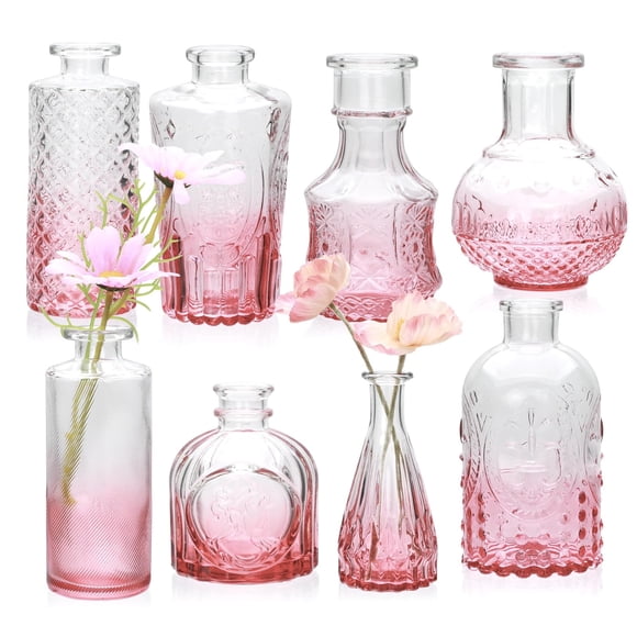 Set de jarrones de cristal con forma de flor rosa Brajttt, estilo vintage, 8 unidades