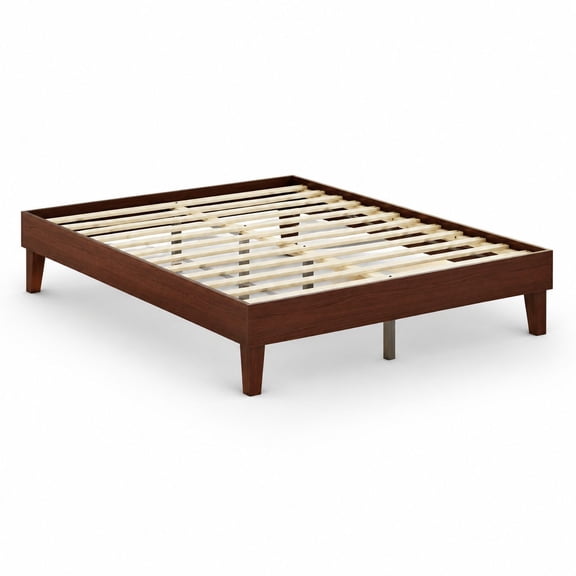 Low-Profile Queen Size Solid Wood Platform Bed Frame, Dark Walnut Finish, No Box Spring Needed
