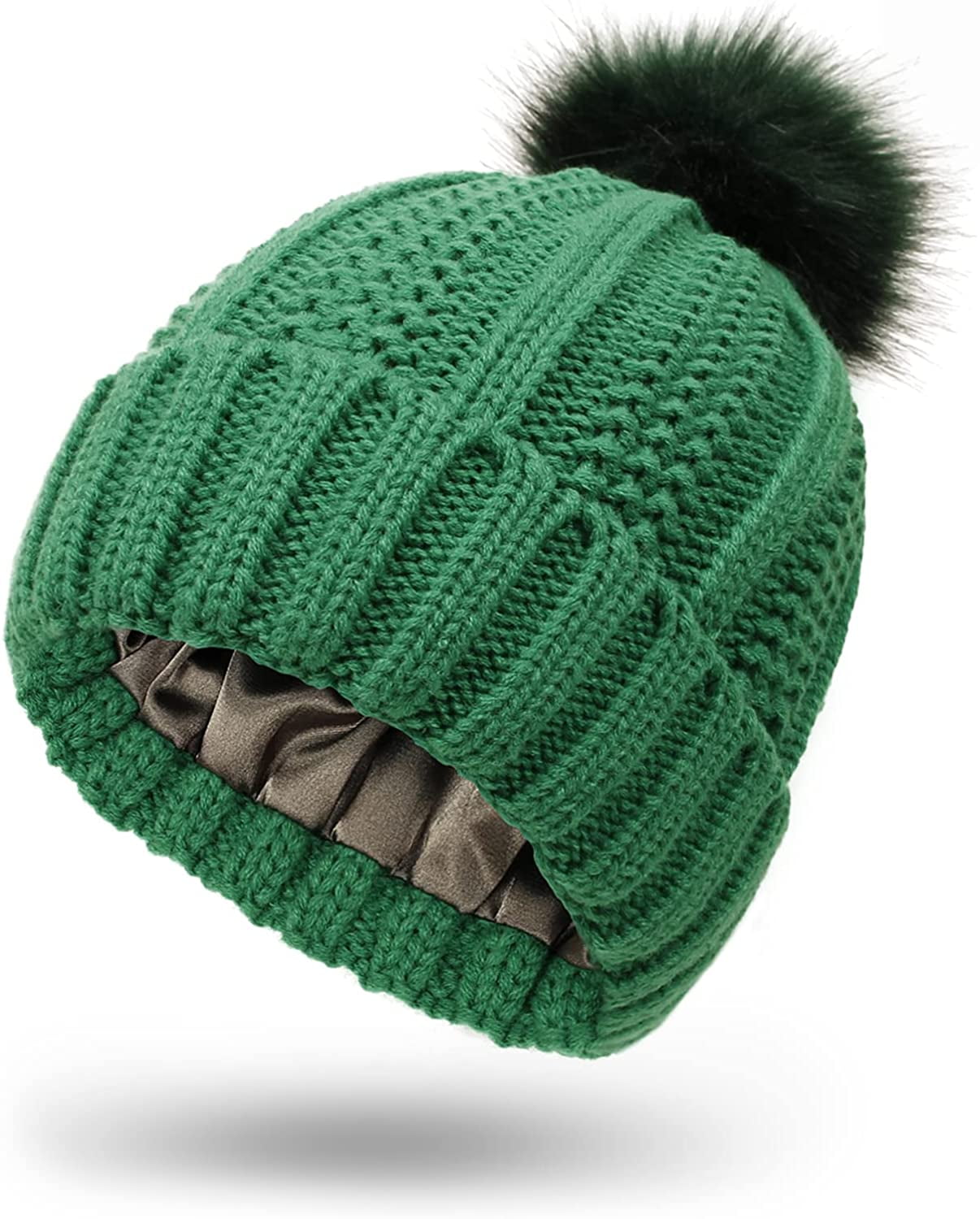Muryobao Womens Satin Lined Winter Beanie Hat with Faux Fur Pom Cuffed Warm Knit Skull Cap 