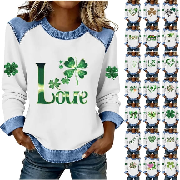 JTZGDY St Patricks Day Shirt Women Fashion Denim Patchwork Long Sleeve Green Shamrock Heart Printed Pullover Tops Lightweight Crewneck Holiday Graphic Splicing Sweatshirts