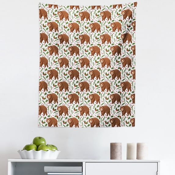 Dancing Bears Tapestry, Grizzly Animal with Mistletoe Botanic Winter Season Christmas, Fabric Wall Hanging Decor for Bedroom Living Room Dorm, 5 Sizes, White Umber Olive Green, by Ambesonne