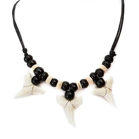 3 Véritable Dent de Requin Mako sur des Perles en Bois et 16 à 32 Pouces Réglable Ciré Cordon Surfeur Tribal Collier Bijoux GA377