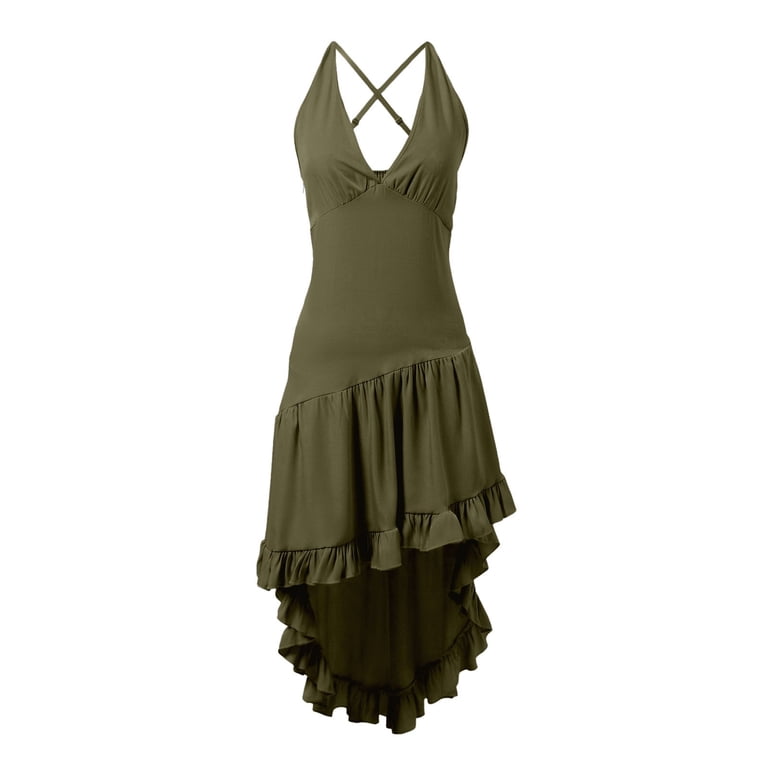 jane asymmetrical dress Jane Wardrobe Women's Halter Neck Deep V Maxi Dress, High Low Ruffle Hem  Western Style Dress, Linen-Like Summer Casual Party Dress, 1 Piece, Sizes S  Through 3XL