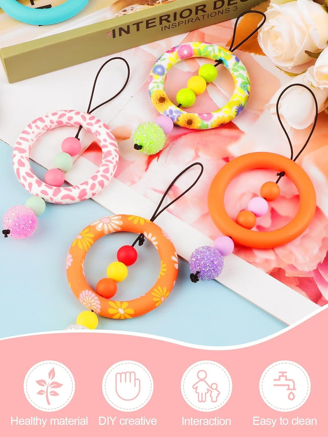 Kalolary 45 PCS Silicone O Rings Beads, 65mm Sunflower Beadable Silicone Rings Spring Summer Round Silicone Loop Silicone Pendant Beads for DIY Keychain Bracelet Jewelry Making Hanging Ornaments