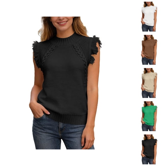 Sleeveless Sweater for Women Spring Summer Trendy Casual Neck Cable Knit Fringe Cap Boho Tank Tops