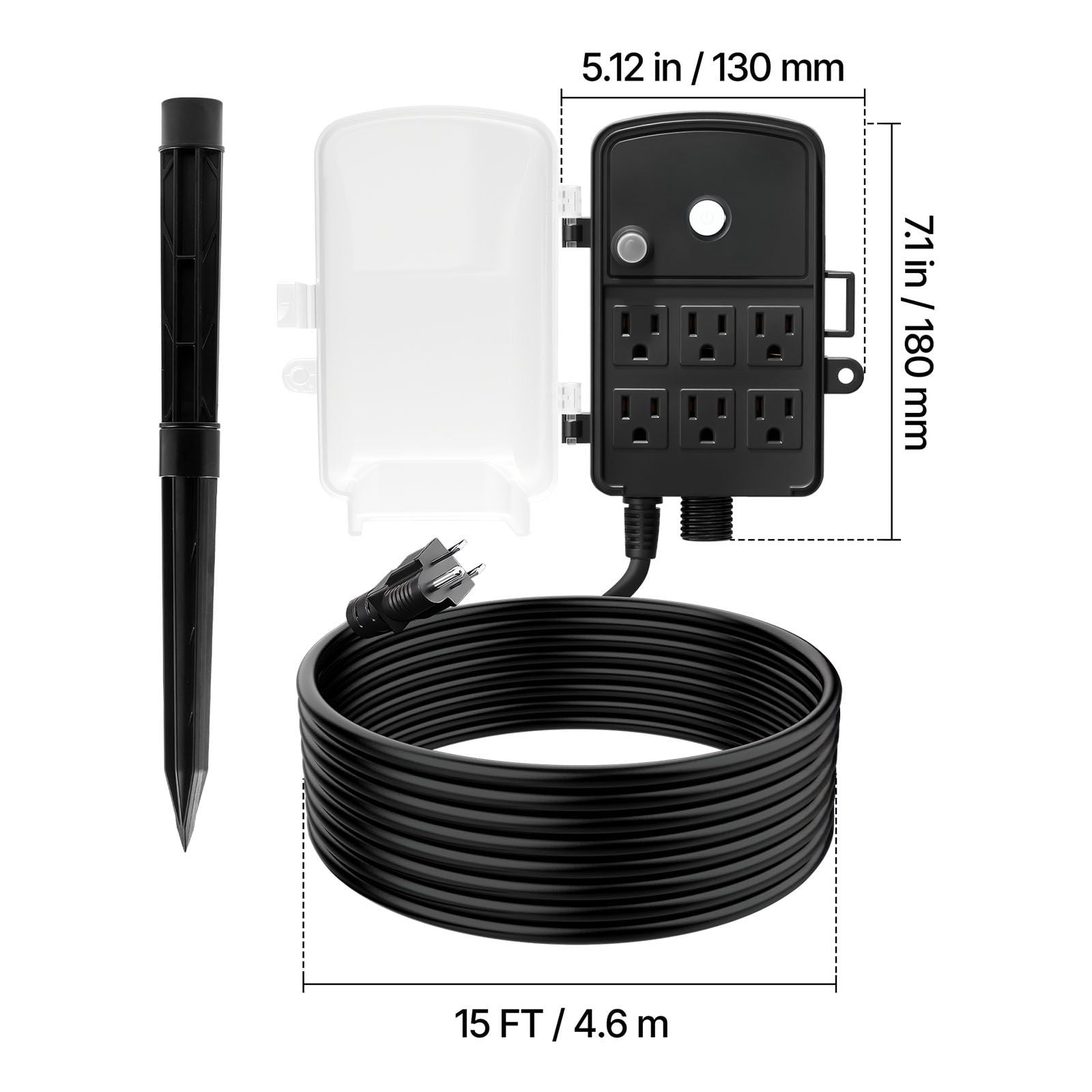 Outdoor Power Stake 6 Outlets, 15ft Extension Cord 14AWG/3C, 15A/1875W Capacity, Weather-Resistant PC Housing, Stake or Wall Mount for Patio Garden Holiday Decor