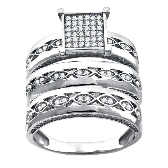 925 Sterling Silver His and Hers Cubic Zirconia Square Head Trio Ring Set 9mm Wide Size 6 Ring for Women