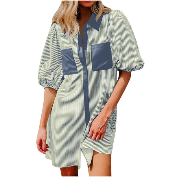 Camisas de Cuello en V de Manga Corta para Mujeres Vestido de Túnica de Rayas con Botón de Verano con Bolsillos, 95% Poliéster 5% Spandex para Diario Y Fiesta