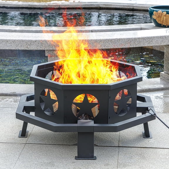 NeoNiches 32 inch Fire Pit for Outside, Heavy Duty Wood Burning Fire Pits with Fire Poker, Outdoor Octagonal Firepit for Camping, Yard, Patio