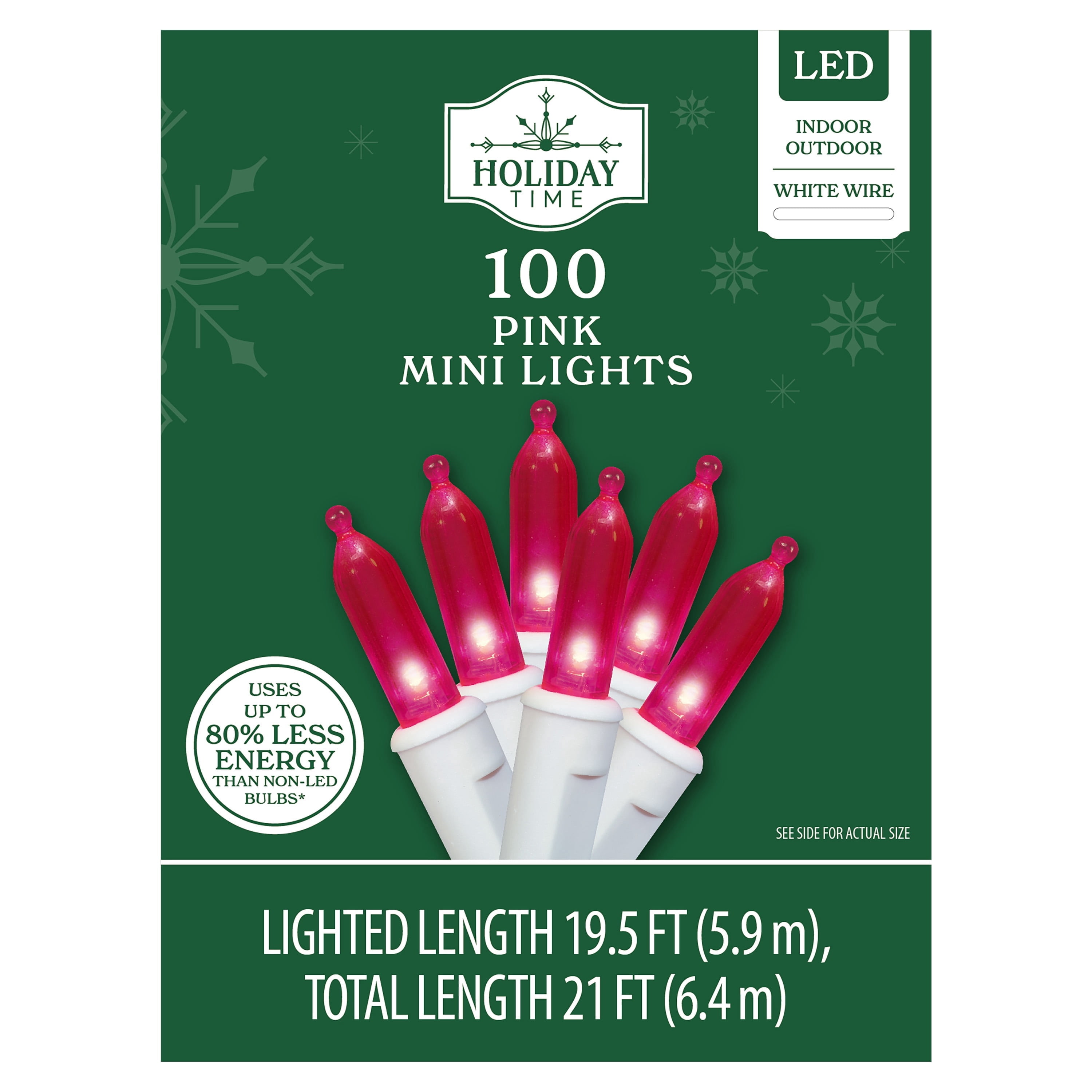 Indoor/Outdoor 100-Count LED Mini Christmas String Lights, Pink, White Wire, 19.5', by Holiday Time