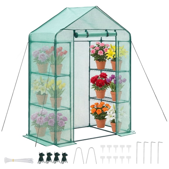 KFFKFF Walk-in Greenhouse, 4.6 x 2.4 x 6.7 ft, 2-Tier 4-Shelf, Durable PE Cover, Doors, Windows, and Steel Frame, Quick Setup for Gardening and Storage