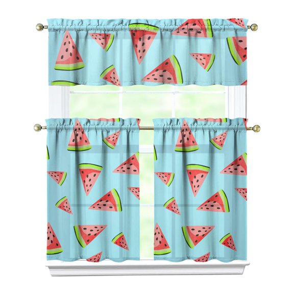 Kitchen Curtains 36 Inch Short - 3 Panel Set Watermelon Print, Rod Pocket Window Curtains 100% Polyester, Tropical Fruit Valance for Farmhouse, Cafe, Living Room, Bedroom, Easy Wash