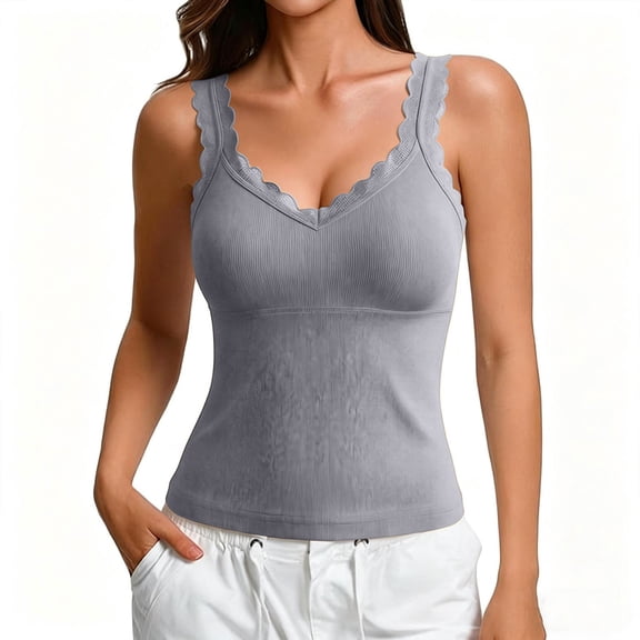 ZGRBOU Womens Built in Bra Camisoles Scalloped Lace V Neck Tank Top Spaghetti Strap Sleeveless Slim Stretchy Cami Tops