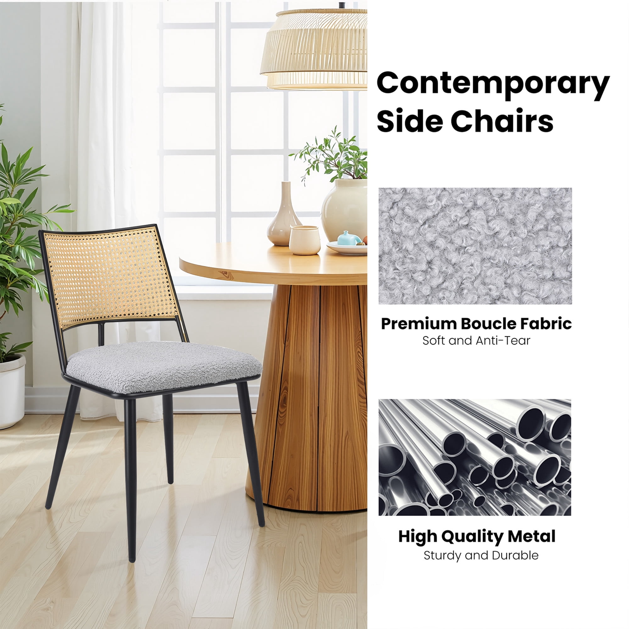 MAYEERTY Light Gray Dining Chairs Set of 2, Rattan Backrest, Metal Frame, Boucle Upholstery for Living Room