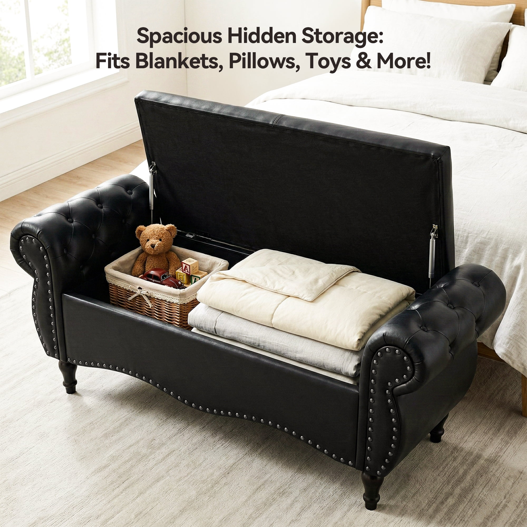 YIKEMA Upholstered PU Leather Rectangle Storage Ottoman Bench with Nailhead Trim, 51.5", Black