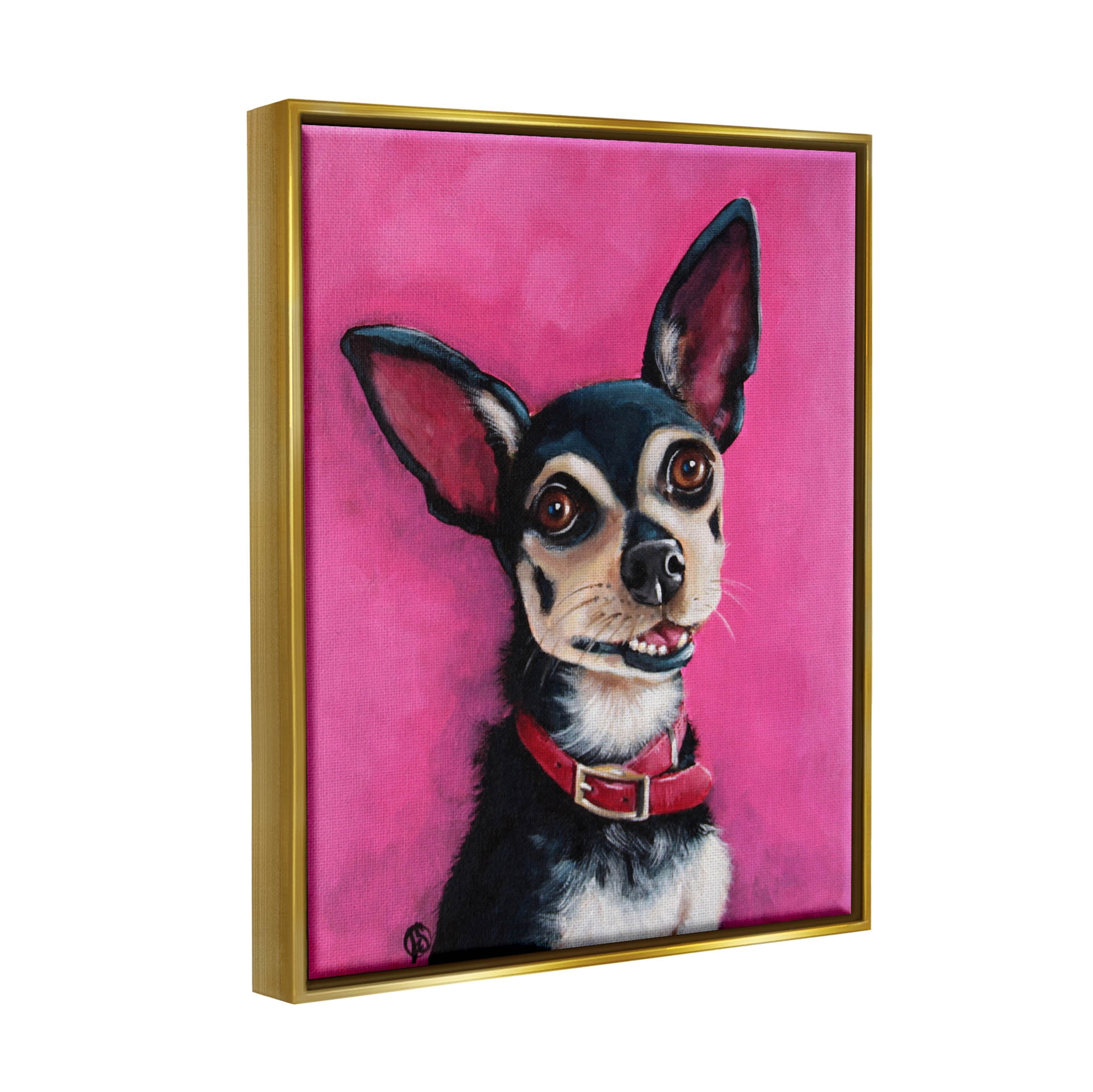 Stupell Industries Bold Pink Chihuahua Portrait Painting Metallic Gold Floating Framed Canvas Print Wall Art, Design by Lucia Stewart