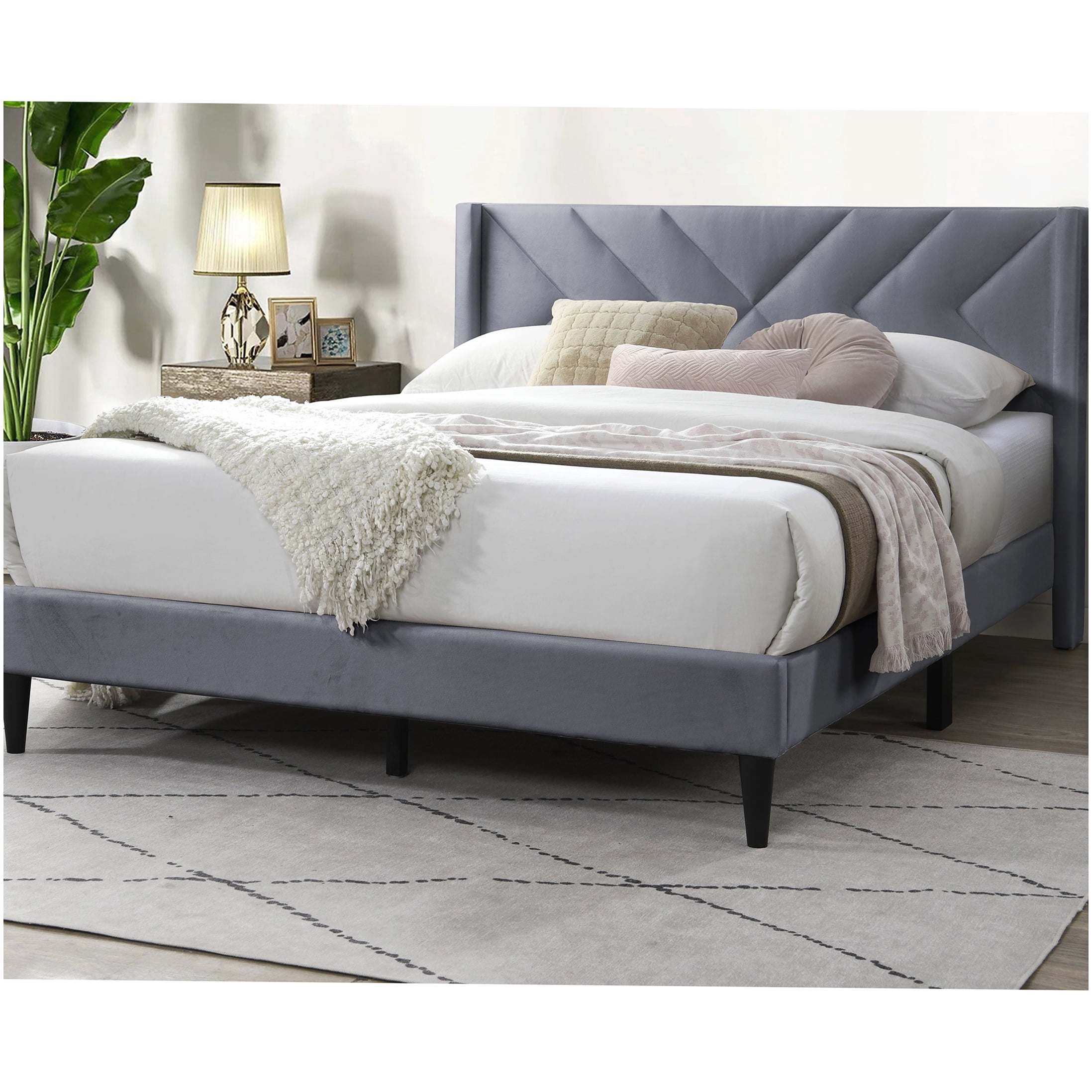 Modern Velvet Upholstered Bed Frame, Queen Platform Bed with Geometric Headboard, Grey Fabric Frame, No Box Spring Needed with Storage Space