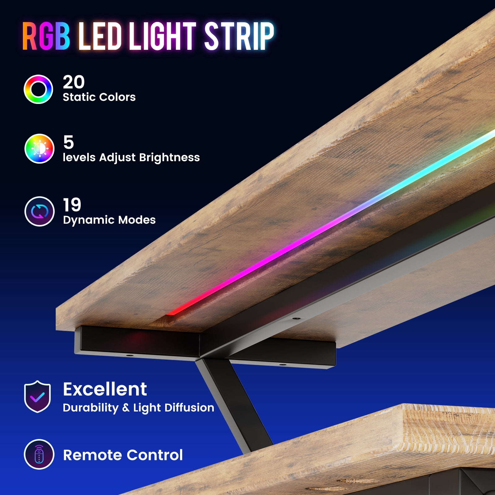 CLOUDREST PRO 42" L-Shaped Gaming Desk, Power Outlets & RGB LEDs, Brown