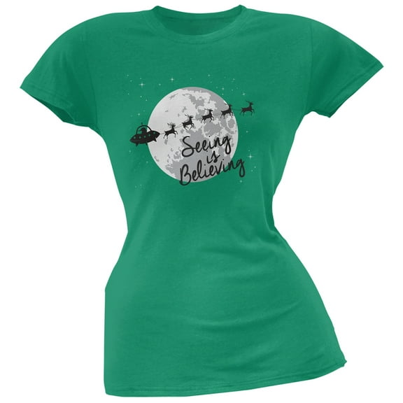 Seeing Is Believing Alien Santa Green Soft Juniors T-Shirt - Large