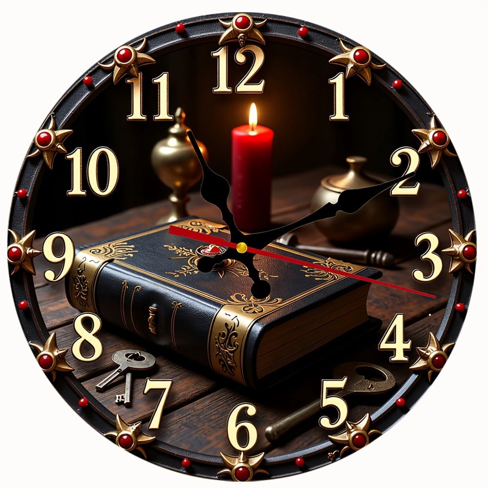 2D Flat Wooden Wall Clock,Dark Gothic Vintage Spell Book Candle Wall Clock, Witchy Library Antique Style Decor Clock - AA Battery Not Included