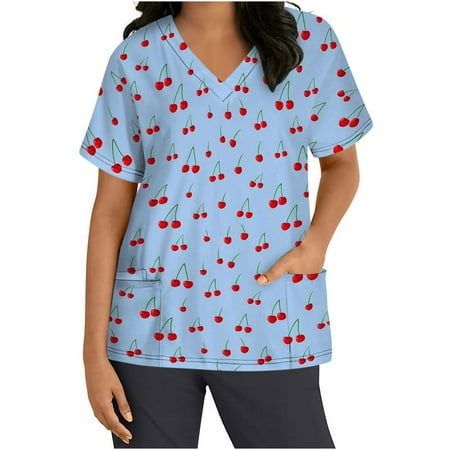 

Akklian Summer Savings Clearance Scrubs for Women V-Neck Short Sleeve Scrubs Top Working Uniform Floral Print With Three Pockets Blouse