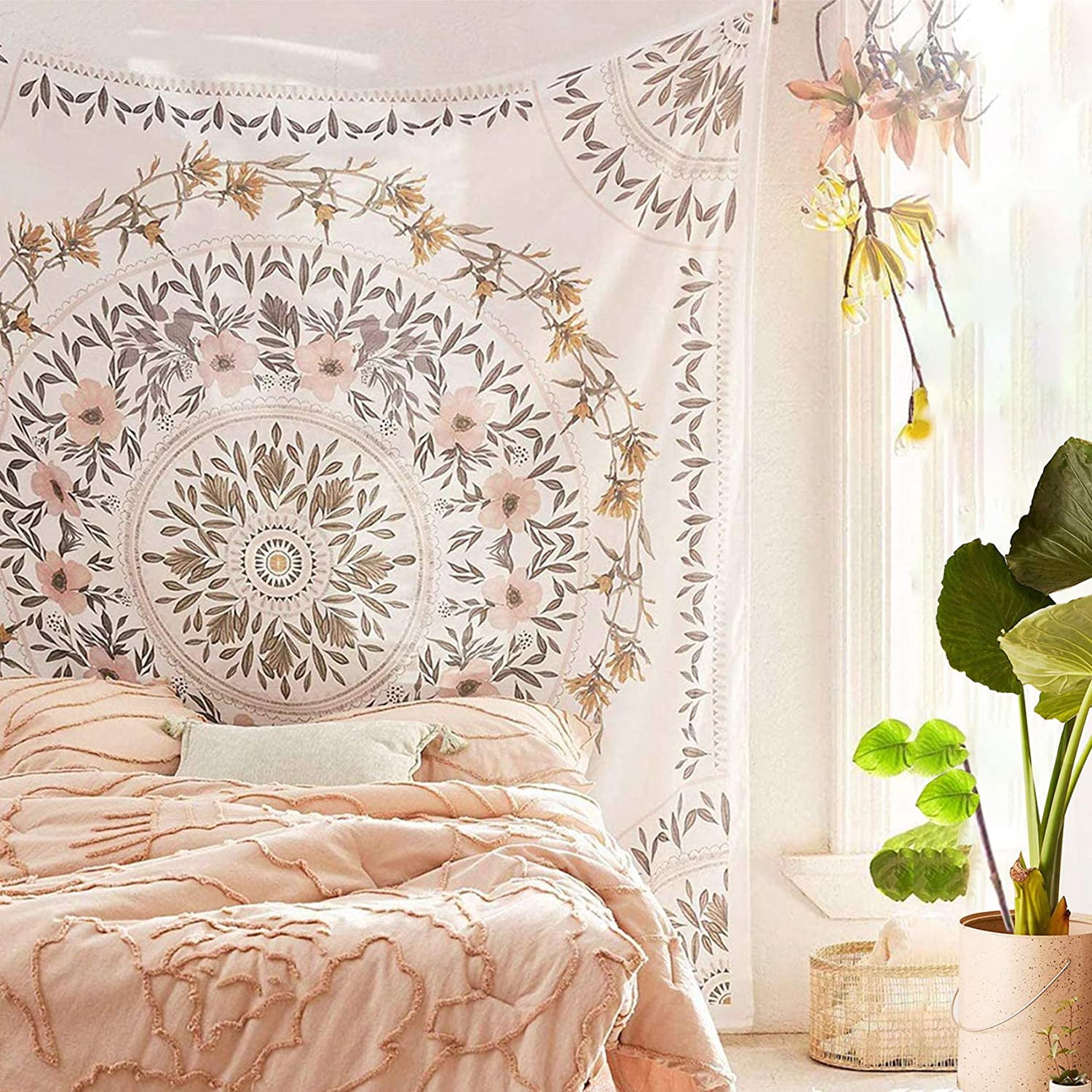Simpkeely Sketched Floral Medallion Tapestry, Bohemian Mandala Wall