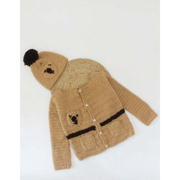 Woonie Handmade Crochet Full Sleeves Bear Face Detailing Sweater With Cap-Brown