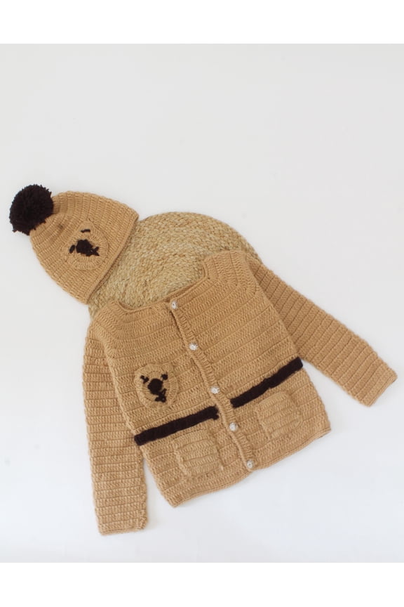 Handmade Crochet Full Sleeves Bear Face Detailing Sweater With Cap-Brown