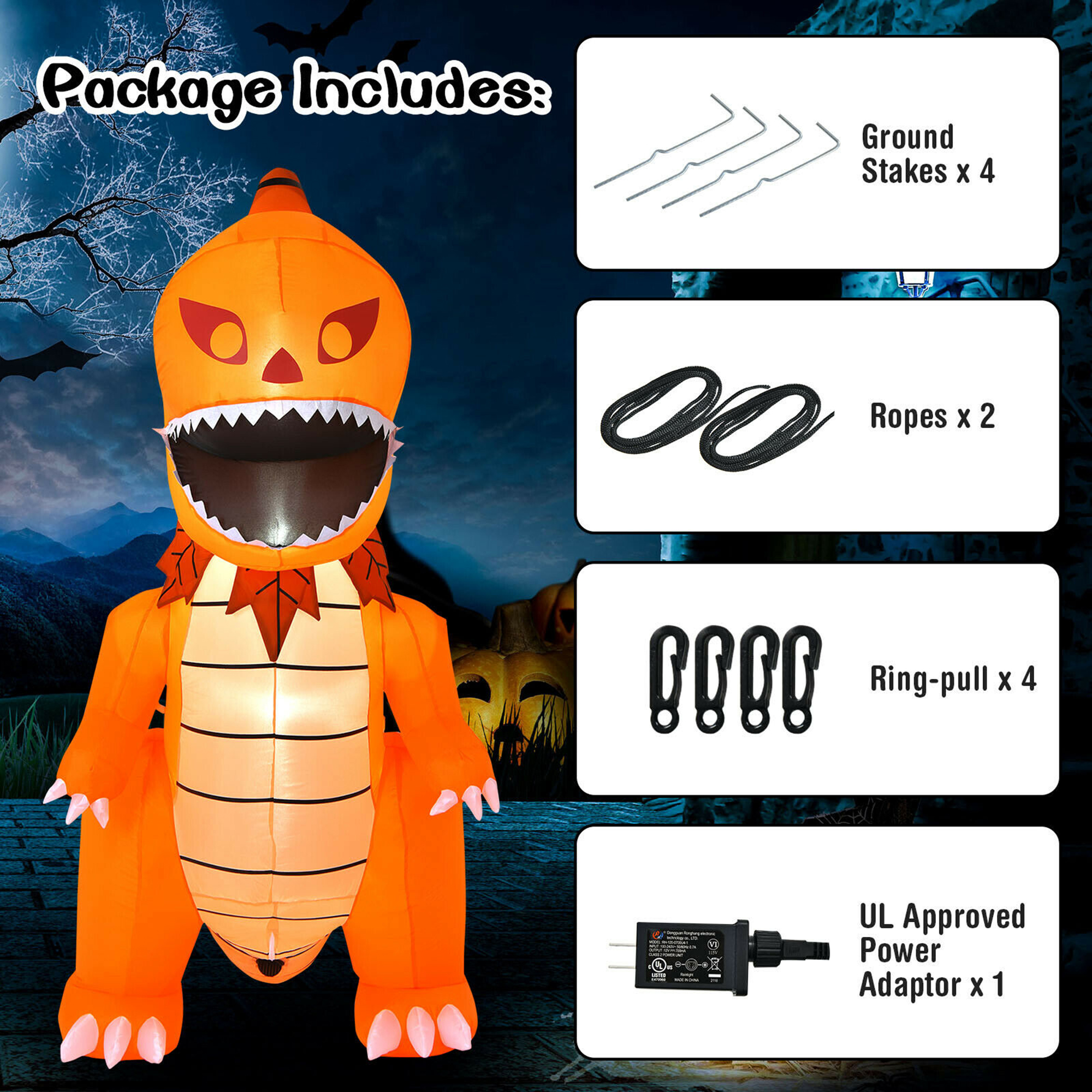 Gymax Pumpkin Dinosaur Halloween Yard Inflatable, with Built-in LED Lights 8'