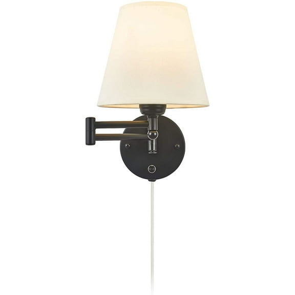 Swing Arm Wall Lamp Plug in Wall Mount Opaque Ivory Linen Shade 40W 2-Way Cord Covers(1 Light)