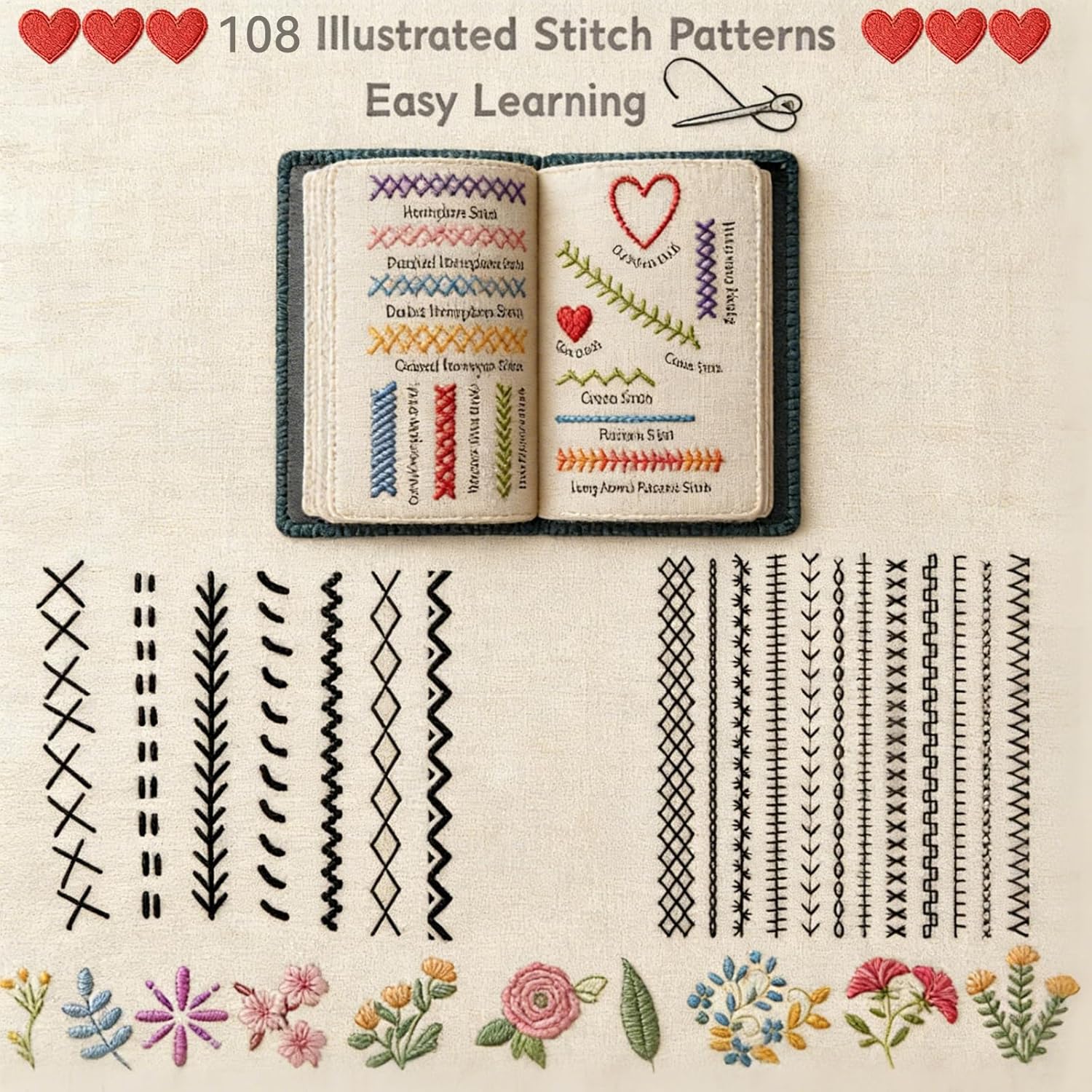 Upgraded Embroidery Stitch Book Kit, Advanced Embroidery Book Kit, DIY Embroidery Stitch Bo-ok kit with Multiple Sewing Kit, 108 Pattern for DIY and Sew Enthusiast