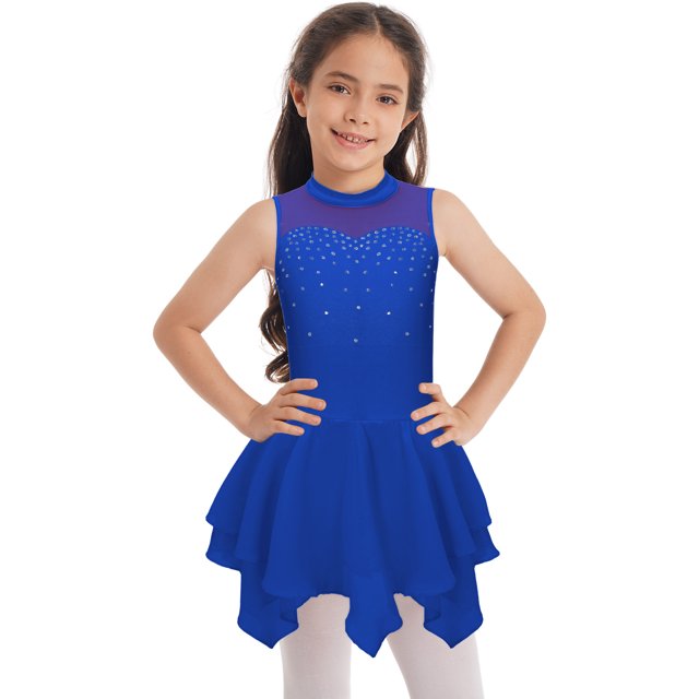 Sxiwei Justaucorps de Patinage Artistique pour Filles Enfants Robe en Maille avec Strass Patinage à Roulettes Danse Bleu Royal 10