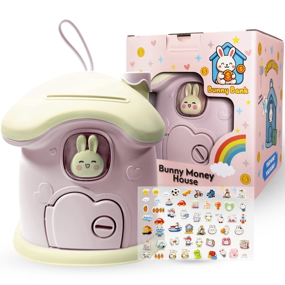 BunnyBank Bunny House Piggy Bank for Kids, Coin Bank with Key, Pink