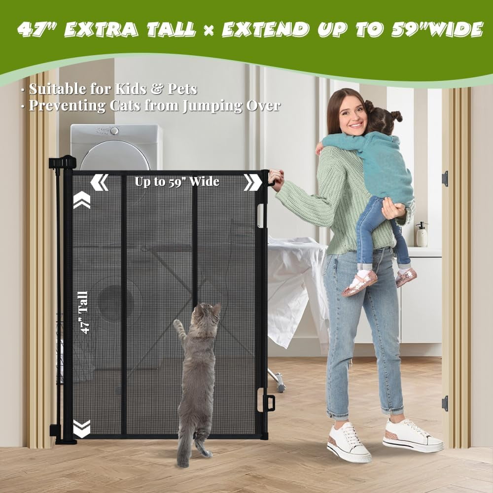 47" Extra Tall Retractable Baby Gates, Extends to 59" Wide, ExtraTall Retractable Safety Gate with Reinforced Strips, Retractable Tall Dog Gate for Doorways Mesh Baby Pet Gates Indoor, Black
