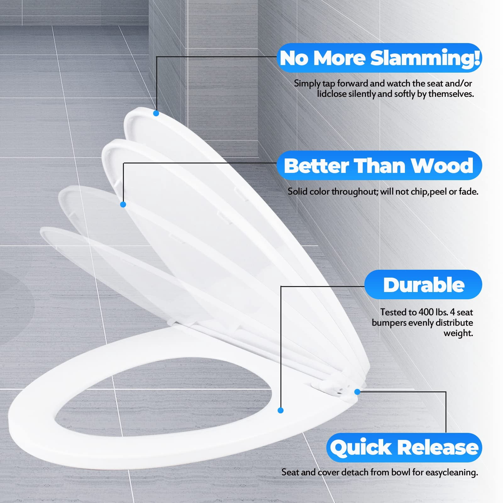 Toilet Seat  Slow Close White Heavy Duty With Non-slip Bumpers Easy To Install & Clean Pp Material Replacement Fits All Brands Elongated Toilets(mu220-pp)
