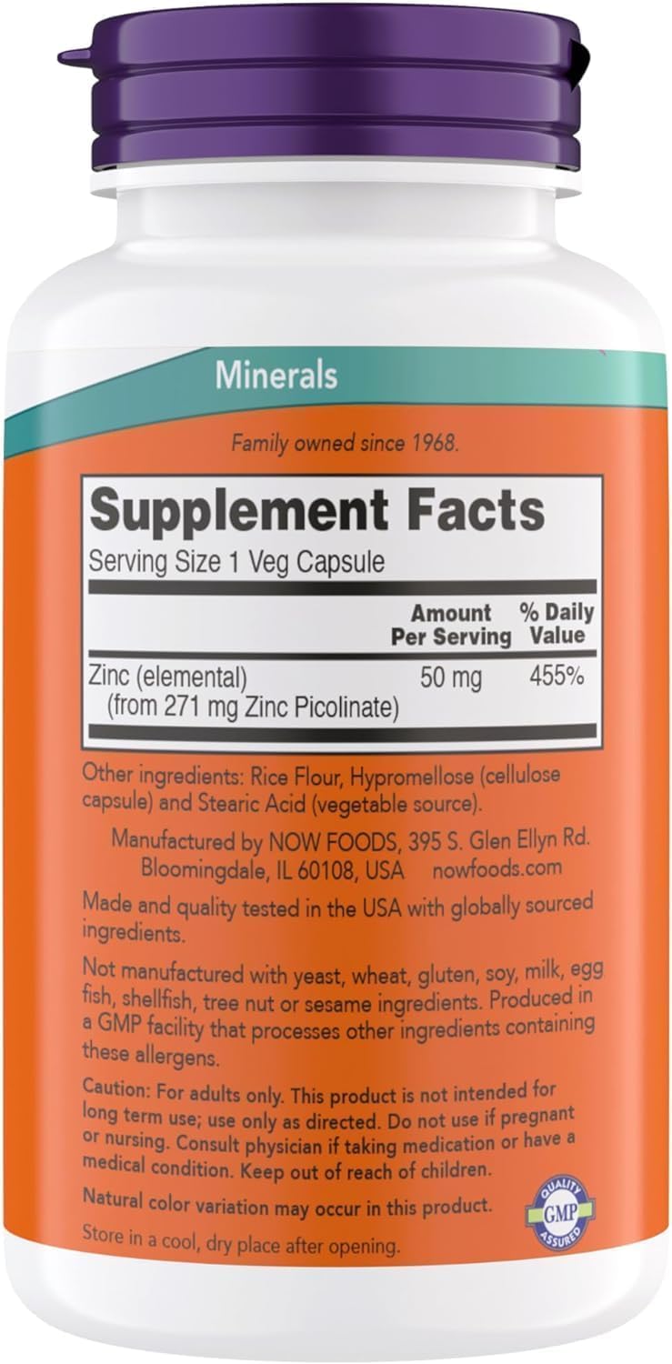 Now Supplements, Zinc Picolinate 50 mg, Supports Enzyme Functions, Immune Support, Non-GMO, Kosher, Suitable for Vegans - 240 Vegetarian Capsules (Pack of 2)