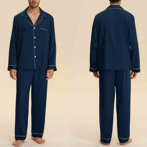 2 Piece Pajama Sets for Men with Pockets Long Sleeve Button-Down Shirts and Straight Leg Pants Solid Color Loungewear Pajamas Outfits Set